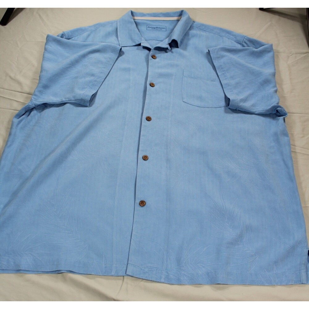 Tommy Bahama Hawaiian Shirt Mens 3XL Button Up Blue Silk Palm Leaf Short Sleeve